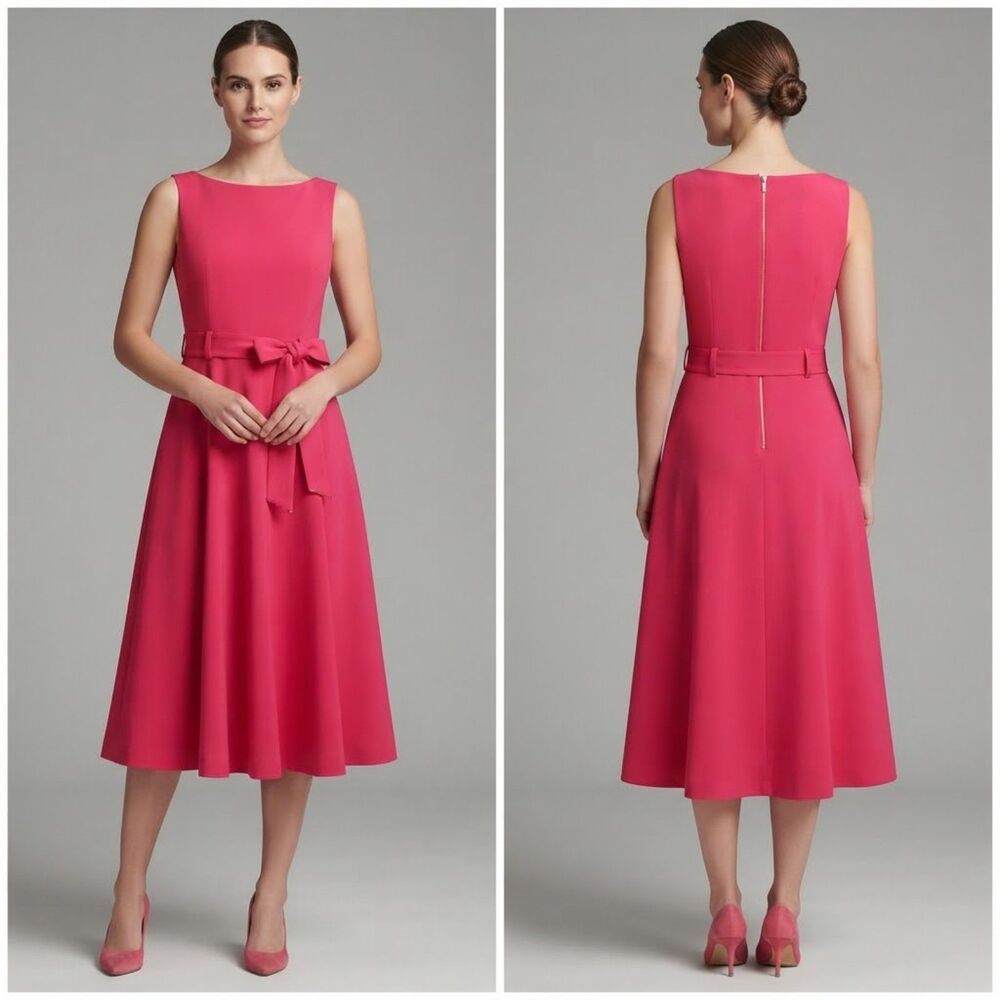 DKNY Vibrant Magenta Sleeveless Belted Midi Dress with Gold Back Zip Size 12 NWT